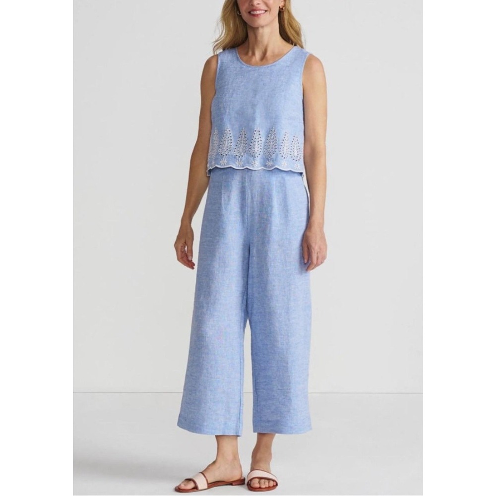 Lands End Jumpsuit Womens 14 Blue Linen Embroidered Eyelet Wide Leg Cropped